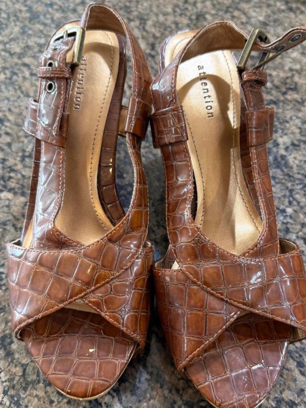 Attention Brown Croc-Embossed Slingback Wedge Cork Heels